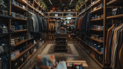 A Retail Store Interior with Clothing and Accessories Displayed on Wooden Shelves and Racks