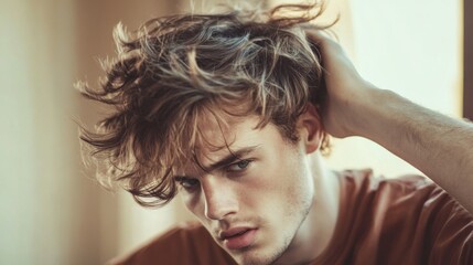 Fototapeta premium A young man running his fingers through his messy, tousled hairstyle, giving a relaxed, effortlessly stylish appearance.