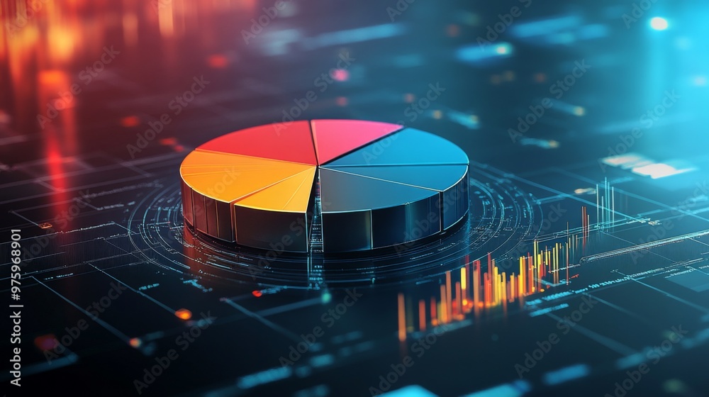 Poster an abstract 3d pie chart with metallic textures and gradient colors, floating in a digital space. th