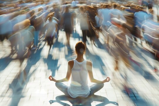 Woman meditating in yoga lotus pose as motion-blurred crowd rushes by in different directions, symbolizing calm amidst the hustle and bustle.