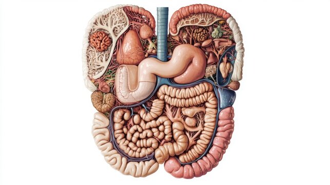 An anatomical diagram of the human digestive system, with labeled organs and pathways, displayed clearly on a white background for medical or educational use.
