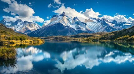Fototapeta premium Majestic Snow-Capped Mountains Reflected in Serene Alpine Lake with Fluffy Clouds