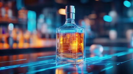 Whiskey bottle, holographic label design, futuristic bar counter, glowing neon backdrop
