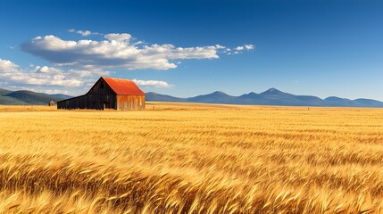 Majestic Wheat Field and Rustic Barn Framed by Distant Mountains Under Expansive Blue Sky