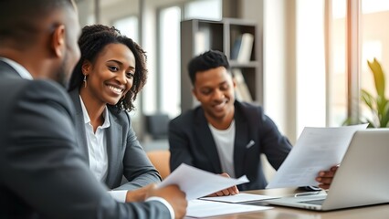 Smiling African female financial advisor, attorney lawyer or bank manager consulting male client investor reading document at business meeting reviewing legal paper planning taxes working in office.