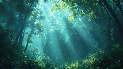 Fototapeta premium Soft blue light filters through the trees in a lush, green forest, adding an enchanting, mysterious vibe.