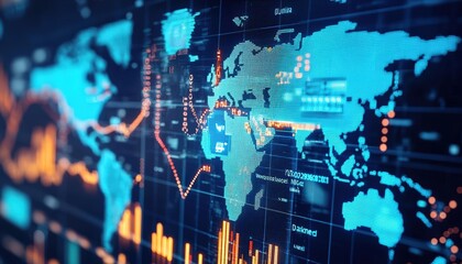 Abstract digital world map with data visualization and financial graphs, representing global trade and market trends.