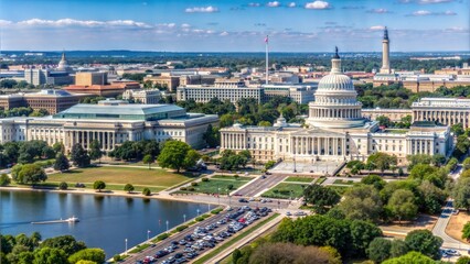 A stunning aerial view of the United States Capitol building in Washington D.C., showcasing its iconic dome and surrounding landmarks on a clear day
