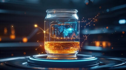 Whiskey cask with holographic display, modern distillery, glowing futuristic design