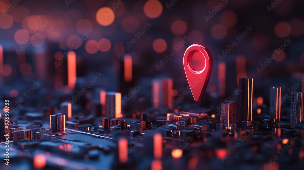 Poster stylized cityscape with a large red pin symbolizing navigation and mapping, representing technology 