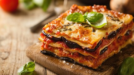Eggplant Parmigiana, a classic Italian dish featuring layers of breaded eggplant slices baked with marinara sauce and melted cheese, offering a rich and savory flavor.
