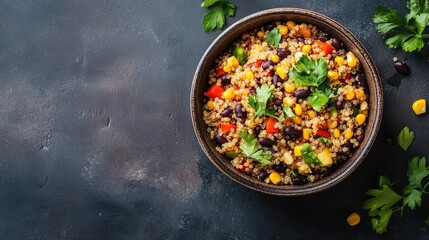 Bowl of quinoa with black beans and corn