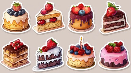 Set of various birthday cakes. Vector flat illustration sticker pack. Cliparts for holidays and greetings