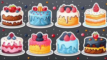 Set of various birthday cakes. Vector flat illustration sticker pack. Cliparts for holidays and greetings