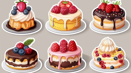 Set of various birthday cakes. Vector flat illustration sticker pack. Cliparts for holidays and greetings