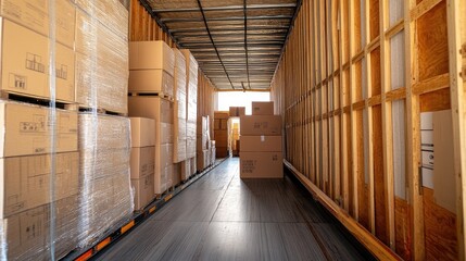 A row of stacked cardboard boxes of different sizes in a moving truck, partially loaded for transportation