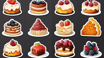 Set of various birthday cakes. Vector flat illustration sticker pack. Cliparts for holidays and greetings