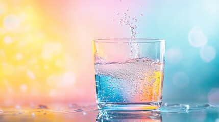 Effervescent tablet dissolving in a glass of water with a colorful background