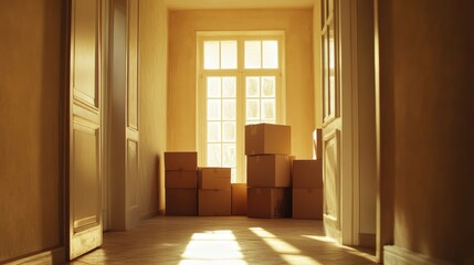 Cardboard boxes piled up in an empty hallway, with sunlight streaming through the windows of a new house