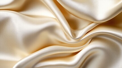 Obraz premium Close-up of cream-colored satin fabric with soft folds and shimmering texture, ideal for luxury fashion backgrounds