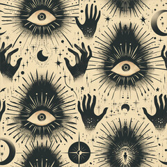 seamless pattern mystical and magical with eyes and hands, moon and stars
