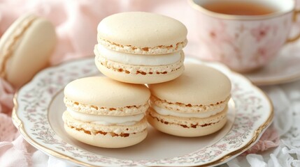 Creamy macaron shells filled with rich vanilla cream, stacked on a pastel-colored plate with a tea cup beside