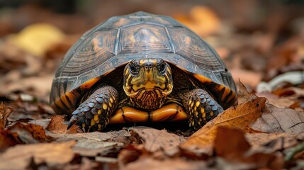 Naklejka premium A turtle emerging from its shell with curious eyes, on a forest floor covered in leaves