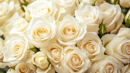 Elegant white roses with petals that have a soft cream tint, creating a gentle, romantic floral arrangement