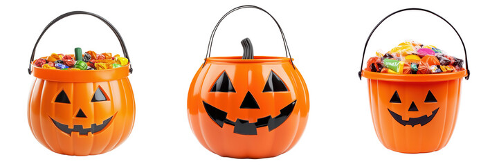 Set of Halloween candy bucket shaped like a pumpkin isolated on a transparent background