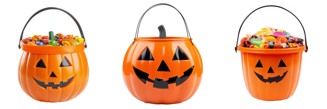 Set of Halloween candy bucket shaped like a pumpkin isolated on a transparent background