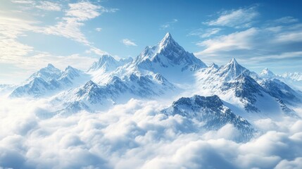 Naklejka premium High mountain range with snow-capped peaks reaching into the sky, surrounded by a sea of clouds below