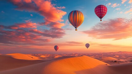 Obraz premium Hot air balloons drifting over a desert at sunrise, with a sky filled with warm colors and sand dunes below