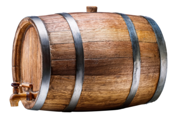 Wooden Barrel with Metal Hoops and Tap Isolated on Transparent Background