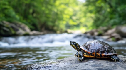 A turtle sunbathing on a rock next to a flowing river, with trees in the background