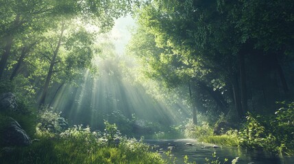 Fototapeta premium Sunlight streams through the lush trees, illuminating the serene forest, creating a peaceful and calming natural scene.