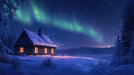 Night sky filled with northern lights over a snowy landscape, with a lone cabin's windows glowing warmly in the foreground
