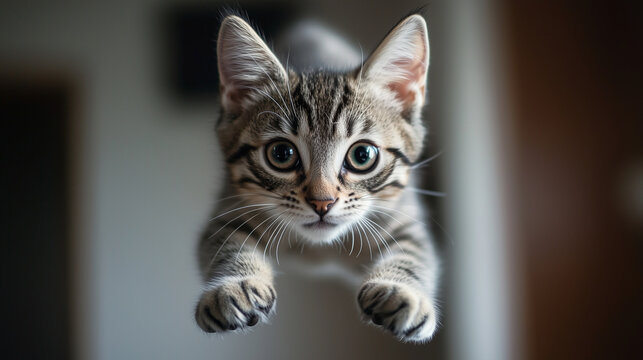 Cat leaping joyfully toward the camera , cat attack , Kitten jum