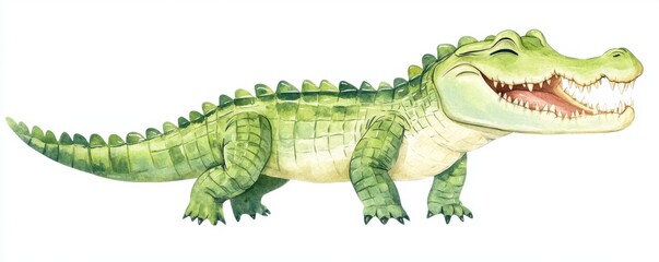 Obraz premium Colorful illustration of a happy cartoon crocodile with a big smile, showcasing vivid green shades and playful expression on a white background.