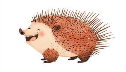 Obraz premium Cute cartoon hedgehog illustration, showing a happy and smiling expression with spiky fur. Perfect for children's books and playful designs.