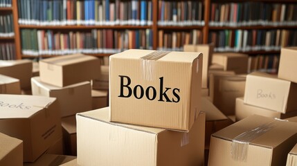 Pile of cardboard boxes labeled "Books" in a library setting, ready for organizing or shipping