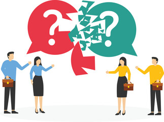 Misunderstanding, negotiation problems, miscommunication, argument. Big problem and lot of questions. Vector illustration.

