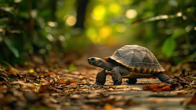 A turtle walking on a forest path, surrounded by lush greenery and fallen leaves