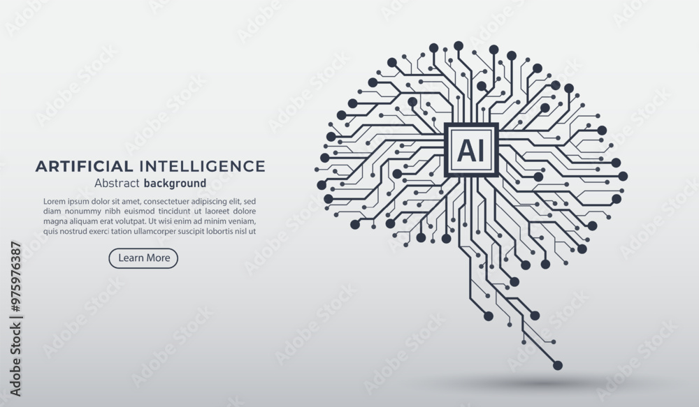 Poster Digital brain circuit board with AI chip processor. Business idea and innovation. Artificial intelligence and innovation technology concept. AI microchip or semiconductor. Vector illustration.
