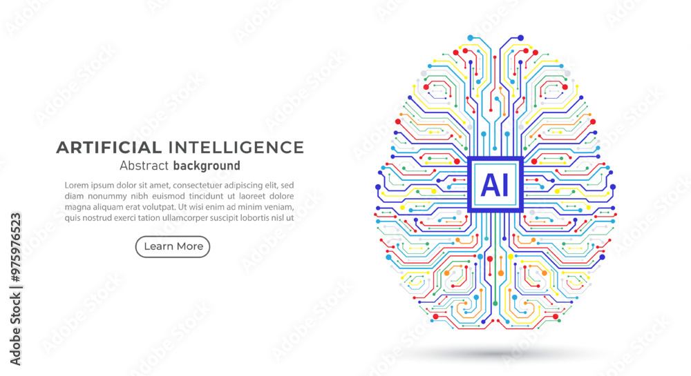 Poster Colorful digital brain circuit board with AI chip processor. Business idea and innovation. Artificial intelligence and innovation technology concept. AI microchip, semiconductor. Vector illustration.