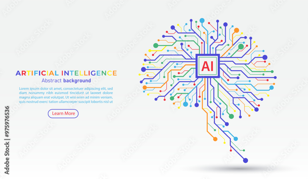 Poster Colorful digital brain circuit board with AI chip processor. Business idea and innovation. Artificial intelligence and innovation technology concept. AI microchip, semiconductor. Vector illustration.