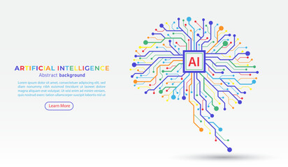 Colorful digital brain circuit board with AI chip processor. Business idea and innovation. Artificial intelligence and innovation technology concept. AI microchip, semiconductor. Vector illustration. © S and V Design