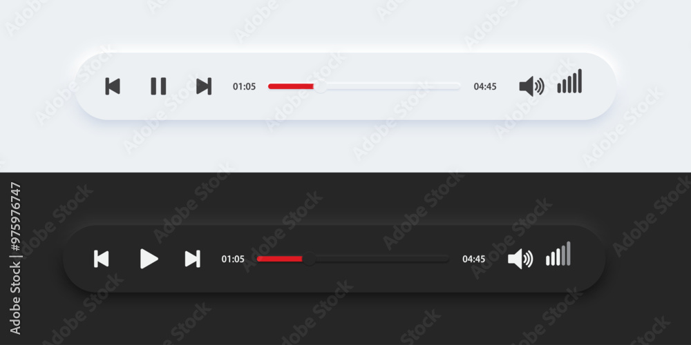 Poster media music player interface bar dark and day mode. audio player bar for songs or podcast playlists.