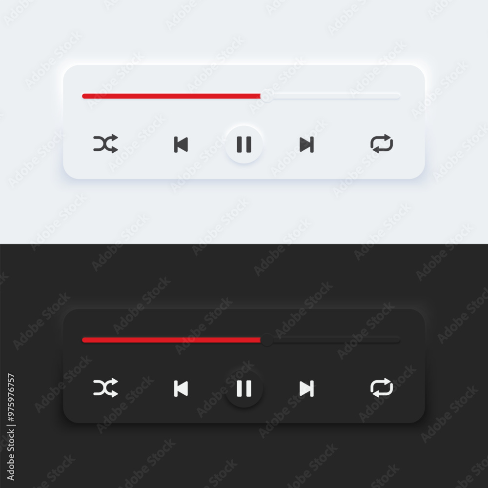 Aufkleber Media music player interface bar dark and day mode. Audio player bar for songs or podcast playlists. Neumorphism style, UI UX design for app and web, Vector illustration.