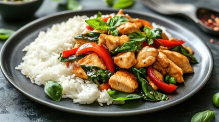 Plate of chicken stir-fry with rice