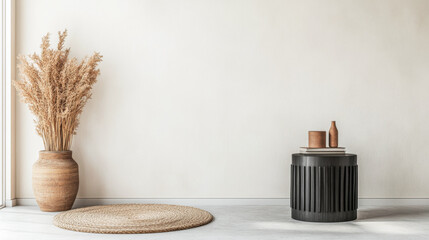 Modern minimalist interior featuring a vase of dried grass and a black side table with decorative items in a bright room